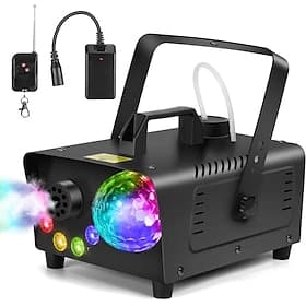 Machine à fumée spéciale Halloween avec lumières LED 3 couleurs et effet disco, télécommande sans fil, puissance de 600 W et débit de fumée de 2300 cfm, idéale