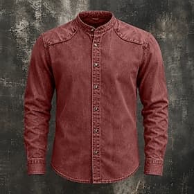 Chemise homme Softfade™ décontractée, chemise en jean, chemise délavée à l'acide, teinte en pièce, manches longues, col mao, style décontracté, poche poitrine,