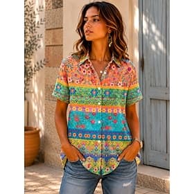 Femmes Chemise Fleuri Graphique ancien Élégant Moderne Manche Courte Col de chemise Hauts Réguliers Occasionnel Quotidien Bleu Rose Claire Orange Été Printemps