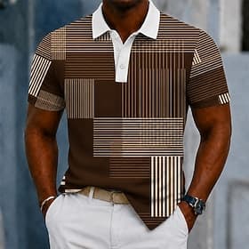 Men's Geometic Polo Shirts Short Sleeve Polo Shirts Lapel Business Casual Business Athleisure 3D Print Buttons Breathable Mesh Summer Spring Blue Black Brown