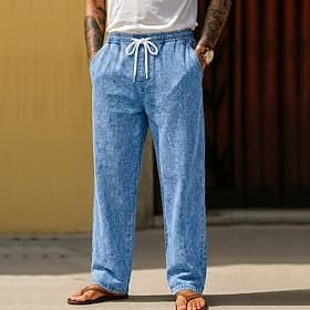 Homme Pantalon décontracté Pantalon d'été 100% Coton Pantalons en denim Cordon de serrage Taille Élastique Jambe Droite Uni Confort Respirant Longueur complète thumbnail 2