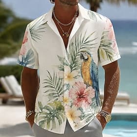 Homme Perroquet Cocotier Plantes Tropicales Chemise hawaïenne Chemises tropicales Chemise Aloha Manche Courte Hawaïen Quotidien Vacances à la Plage Été Printem thumbnail 3
