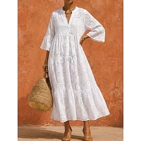 Women's Maxi Dress Boho Dress Cotton Dress Elegant Party Regular Fit Pure Color 3/4 Length Sleeve V Neck Blue Black White Yellow Summer Fall Autumn