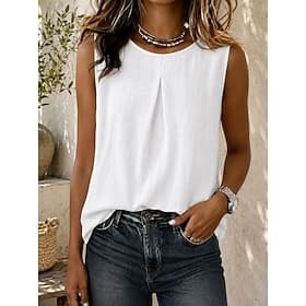 Femmes Gilet en coton et lin Couleur Unie ancien Élégant Basique Sans manches Col ras du cou Hauts Réguliers Occasionnel Quotidien Blanche Été Printemps