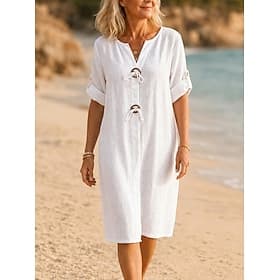Women's Knee Length Dress Sundress Elegant Vacation Fashion Outdoor Beach Vacation Loose Fit Plain Short Sleeve V Neck Blue White Red Grey Spring