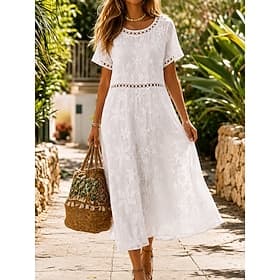 Women's Midi Dress Lace Dress White Dress Summer Dress Elegant Fashion Beach Vacation Holiday Regular Fit Floral Short Sleeve Crew Neck White Summer Spring