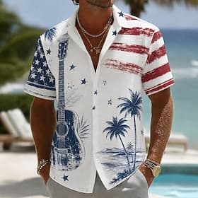 4 juillet 2026, 250e anniversaire Homme Guitare Drapeau Américain Cocotier Chemise Chemise d'été Chemise Boutonnée Manche Courte Patriotique Extérieur Festival