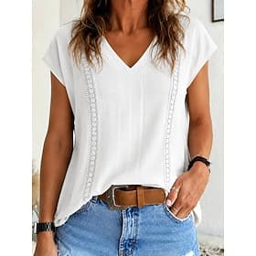 Femmes Chemise Haut à œillets Chemise Bohème Chemise en Dentelle Imprimé Couleur Unie Élégant Bohème Vacances Manche Courte Col en V Hauts Réguliers Occasionne