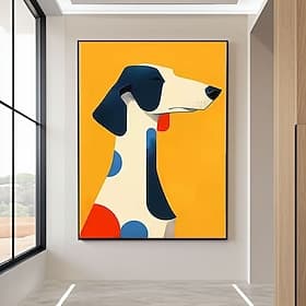 Peinture artisanale originale minimaliste représentant un teckel à pois colorés, style moderne du milieu du siècle. Art mural animalier. Chien blanc. Art abstr