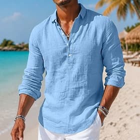 Men Shirt Linen Shirt Summer Shirt Beach Wear Plain Casual Daily Blue Black White Khaki Long Sleeve Lapel Spring  Summer Summer Clothing Apparel Classic