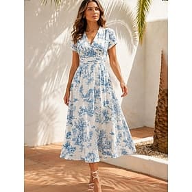 Femmes Robe Midi Robe trapèze Occasionnel Plage Coupe régulière Abstrait Tropical Manche Courte Col en V Bleu Été Printemps