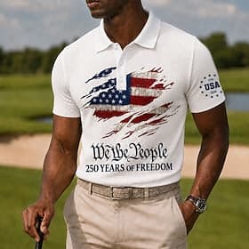 4 juillet 2026, 250e anniversaire Homme Drapeau Américain Chemises Polo Gaufre Manche Courte Polos Chemises à Col Occasionnel Tenue de soirée Tenue de fête Imp