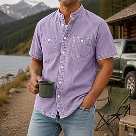 Chemise homme Softfade™ décontractée, chemise en jean, chemise délavée à l'acide, teinte en pièce, noir, vert clair, rose, violet, vert militaire, manches cour