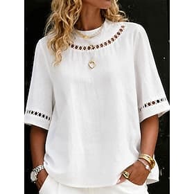 Femmes Chemisier Hauts en dentelle Dentelle Évider Uni Élégant Moderne Demi Manches Col ras du cou Hauts Réguliers Occasionnel Quotidien Fête Bleu Blanche Gris