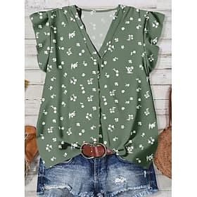 Femmes Chemise A Volants Fleuri Graphique Plantes Élégant Bohème Manche Courte Col en V Hauts courts Occasionnel Sortir Week-end Bleu Blanche blanc / bleu Beig