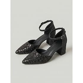 Women's Black Sequined Pointed Toe Pumps - Sparkly Glitter Block Heels for Little Black Dress, Cocktail Party and Resort Dinner