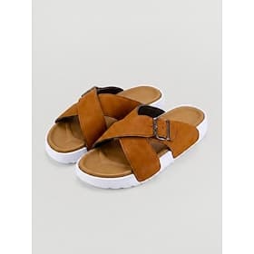 Women's Brown Adjustable Cross Strap Comfort Slides – Lightweight Wide Fit Box Slide Sandals with Cushioned Footbed, Buckle Detail and EVA Sole for Flat  Swoll