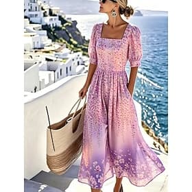 Women's Midi Dress A Line Dress Vacation Beach Holiday Regular Fit Floral Graphic Short Sleeve Crew Neck Blue Pink Summer Spring