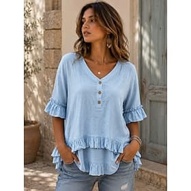 Femmes Chemisier Couleur Unie ancien Élégant Classique Demi Manches Col en V Hauts Réguliers Occasionnel Quotidien Bleu Rose Claire Beige Été Printemps