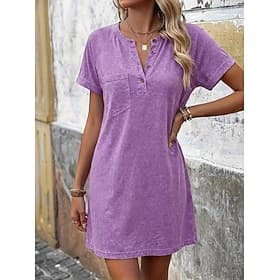 Women's Knee Length Dress Washed Dress 100% Cotton Basic Classic Daily Vacation Regular Fit Plain Short Sleeve Crew Neck Blue Summer Spring