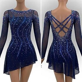 Robe de patinage artistique Femmes Patinage Robe Bleu marine Patchwork Dos Nu Élastique Entraînement Compétition Tenue de Patinage Classique cristal pailleté S thumbnail 2