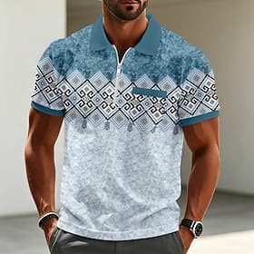 Men's Geometic Polo Shirts Short Sleeve Polo Shirts Collared Shirts Business Casual Outdoor Athleisure Holiday Pocket 3D Print Quarter Zip Polo Spring  Summer thumbnail 3
