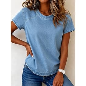 T-shirt en jean patchwork pour femme, style vintage punk, manches courtes, col rond, coupe classique, bleu, été, printemps