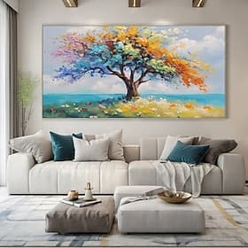 Mintura, peinture à l'huile texturée et colorée, réalisée à la main sur toile, représentant un arbre. Décoration murale moderne et abstraite, paysage idéal pou
