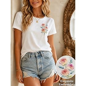 Femmes 100% Coton T-shirt T-shirt brodé Fleuri Graphique ancien Élégant Occasionnel Manche Courte Col ras du cou Hauts Réguliers Occasionnel Quotidien Week-end thumbnail 2