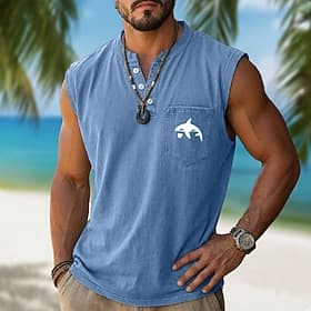 Men's 100% Cotton Acid Wash Shirt Sleeveless Shirt Sleeveless Henley Summer Solid Color Graphic Ocean Casual Garment Dyed Faded Vintage Washed Casual Daily Str