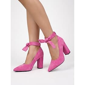 Women's Comfortable Hot Pink Suede Pumps - Elegant Pointed Toe Block High Heels with Ankle Tie Bow for Casual Daily Wear  Office Work