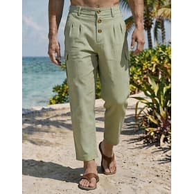 Men's Linen Pants Trousers Summer Pants Beach Pants Buttons Solid Color Comfort Breathable Daily Outdoor Beach Vacation Fashion White Khaki Inelastic