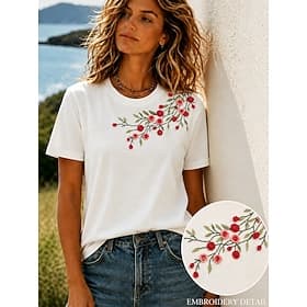 Femmes 100% Coton T-shirt Broderie Fleuri Graphique ancien Élégant Occasionnel Manche Courte Col ras du cou Hauts Réguliers Occasionnel Quotidien Week-end Blan thumbnail 2