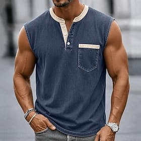 Men's Tank Top Vest Top Undershirt Sleeveless Shirt Sleeveless Henley Summer Plain Fashion Designer Basic Pocket Color Block Buttons Casual Vacation Street Dar