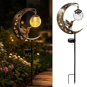 Lampes solaires à piquer pour jardin en forme de colibri, globes en verre craquelé avec décorations métalliques lune et étoile, étanches, pour la décoration de