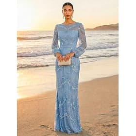 Fourreau Colonne Longueur au sol Robe de Soirée Élégant Scintillant Éclat manche longue Col ras du cou Soirée Mariage Tulle Charmeuse avec Paillettes Broderie