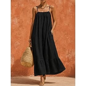 Women's Maxi Dress Linen Dresses Boho Dress Vintage Vacation Loose Fit Plain Sleeveless Spaghetti Strap Coral Black Summer