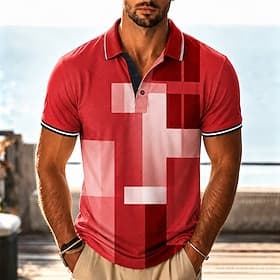 Homme Bloc de Couleur Géométrique Polos Hawaïens Manche Courte Polos Revers Occasionnel Athleisure Impression 3D Boutons Maille Respirante Été Printemps Bleu V