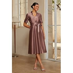 Femmes Robe Ligne A Longueur thé Col haut Manche Courte Élégant ancien Robe avec Satin Ceinture thumbnail 2