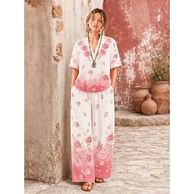 Femmes Chemise Ensembles en coton et lin Ensembles de Pantalons Manche Courte Col en V Fleuri Graphique Géométrique Imprimé Vacances Mode Streetwear Occasionne thumbnail 3