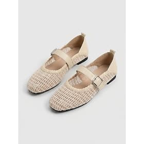 Women's Breathable Mesh Mary Jane Flats - Beige Woven Netting Ballet Shoes with Adjustable Buckle Strap for Casual Daily Wear  Office Work