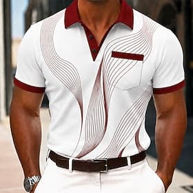 Men's Geometic Line Polo Shirts Short Sleeve Polo Shirts Collared Shirts Business Casual Outdoor Athleisure Daily Wear Pocket 3D Print Buttons Spring  Summer B thumbnail 3