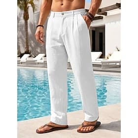 Men's Cotton Linen Pants Trousers Summer Pants Baggy Pants Beach Pants Pleated Pocket Solid Color Comfort Breathable Full Length Casual Daily Outdoor Vacation