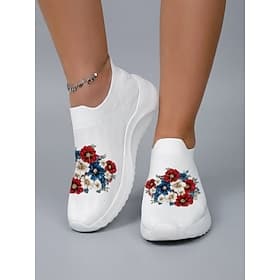Women's White Floral Printed Slip-On Walking Shoes – Breathable Knit Comfort Sneakers with Lightweight Shock Absorption and All-Day Support for Travel, Summer