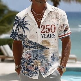 4 juillet 2026, 250e anniversaire Homme Drapeau Américain Feux d'artifice Cocotier Chemise Chemise d'été Chemise Boutonnée Manche Courte Patriotique Extérieur thumbnail 2