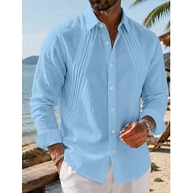 Men Shirt Linen Shirt Summer Shirt Beach Wear Button Up Shirt Plain Casual Daily Black White Pink Sky Blue Long Sleeve Collar Spring  Summer Summer Clothing Ap
