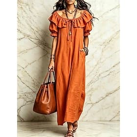 Women's Long Dress Maxi Dress Ruffle Dress Elegant Fashion Beach Vacation Regular Fit Plain Short Sleeve Crew Neck Yellow Red Sky Blue Orange Summer