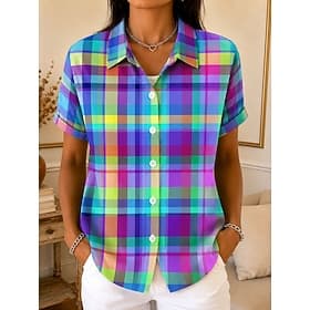 Femmes Chemise Boutons Imprimé Graphique Plaid ancien Quotidien Élégant Manche Courte Col de chemise Hauts Réguliers Occasionnel Quotidien Rouge Violet Vert Ét