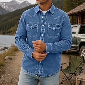 Chemise homme softfade™ décontractée en jean, délavée à l'acide, teinte en pièce, noir, bordeaux, vert armée, bleu clair, manches longues, unie, col, décontrac