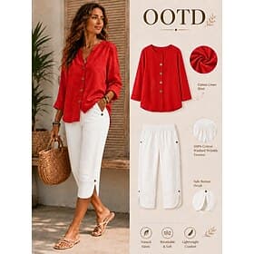 Women's Linen Shirts Blouse Buttons Solid Color Daily Casual 3/4 Length Sleeve V Neck Regular Tops Daily Black White Red Orange Green Summer Spring Fall